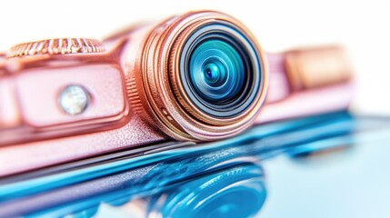 Close-up of a rose gold camera lens reflecting on a glass surface. Ideal for photography websites, blogs, or social media posts related to photography equipment or technology.