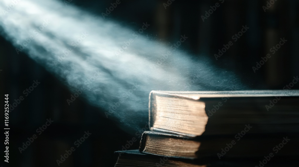 Poster sunlight illuminates dusty books on a stack in a cozy library setting with ethereal atmosphere
