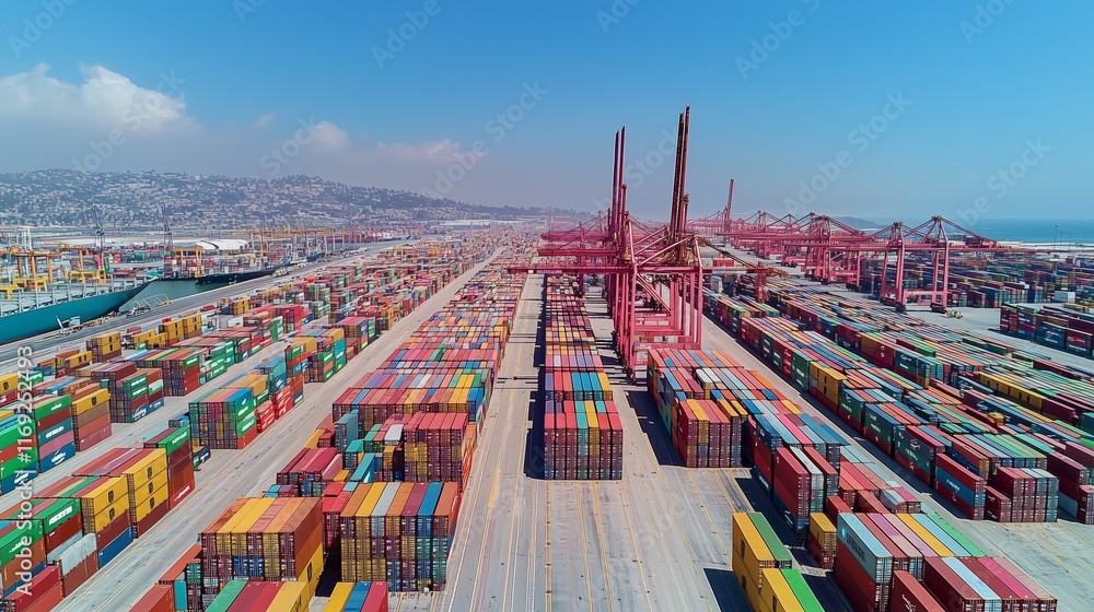 Poster aerial view of colorful shipping containers at busy port terminal