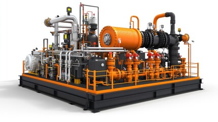 A pipeline compressor station with large gas pipes, industrial equipment, and liquefied gas processing, highlighting the complexity of energy systems.