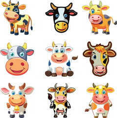 Obraz premium A collection of vibrant, colourful illustrations of farm animals featuring a playful and whimsical style, in a cartoon format, great for stickers