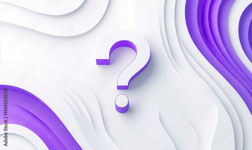 Poster 3d question mark on abstract purple and white background, modern design with wavy layers and depth