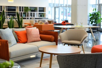 Modern office lounge with comfortable seating and natural light.