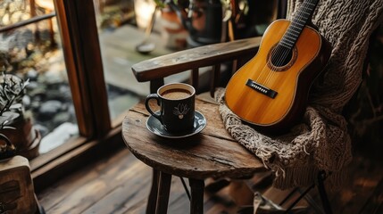 A rustic coffee arrangement with a warm cup of coffee on a wooden table and a guitar leaning against a chair, evoking a cozy, laid-back vibe.
