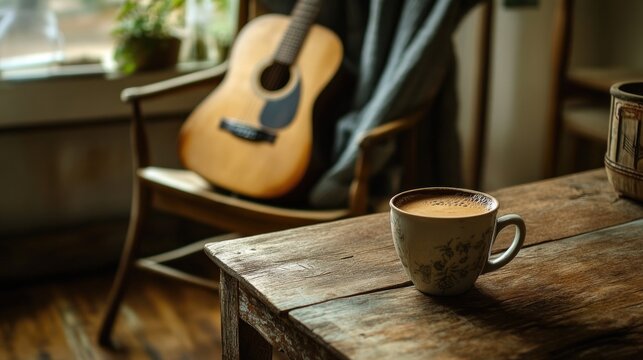 A rustic coffee arrangement with a warm cup of coffee on a wooden table and a guitar leaning against a chair, evoking a cozy, laid-back vibe.