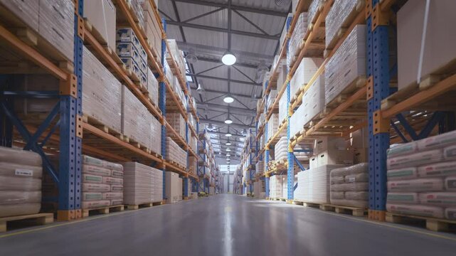 Retail warehouse and row of shelves with goods in card board boxes. Delivery, storage and logistic.