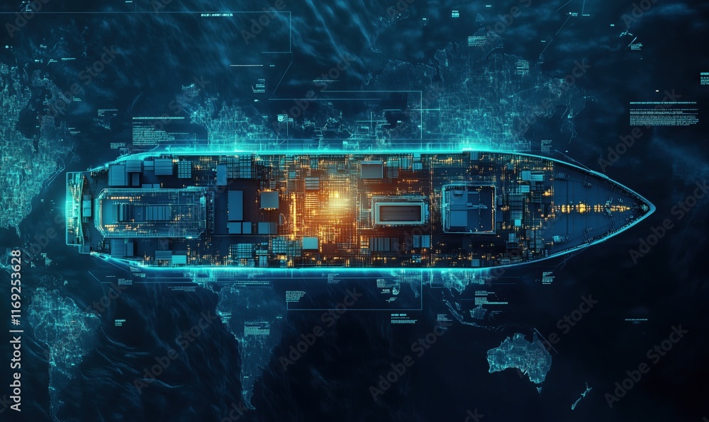 Poster futuristic cargo ship with digital interface and global map visualization, showcasing advanced techn