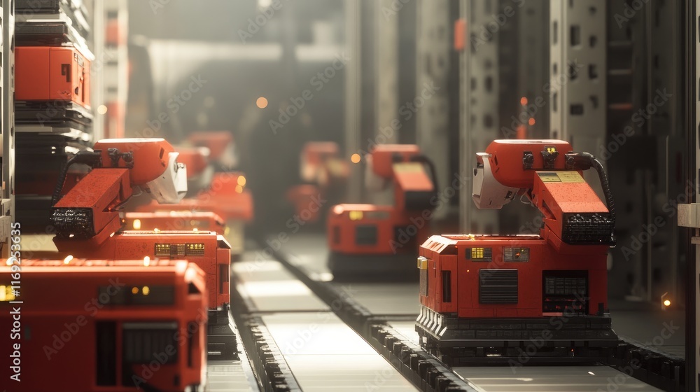 Poster A scene of industrial robots working efficiently on a factory floor, representing innovation and automation in modern manufacturing.