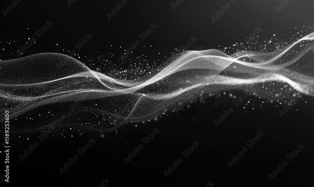 Poster abstract wave patterns with particles in black and white, showcasing fluid motion and ethereal beaut