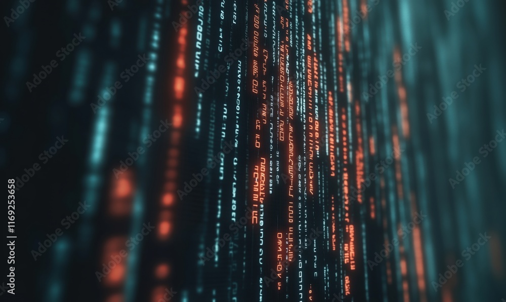 Poster digital matrix code display with glowing red and blue characters, futuristic technology background, 