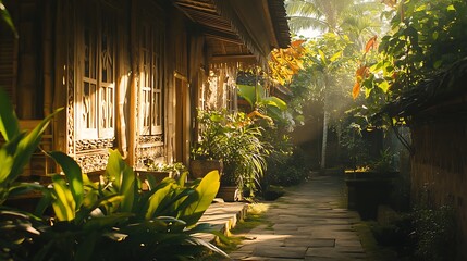 Sunlit Pathway Through Tropical Village House