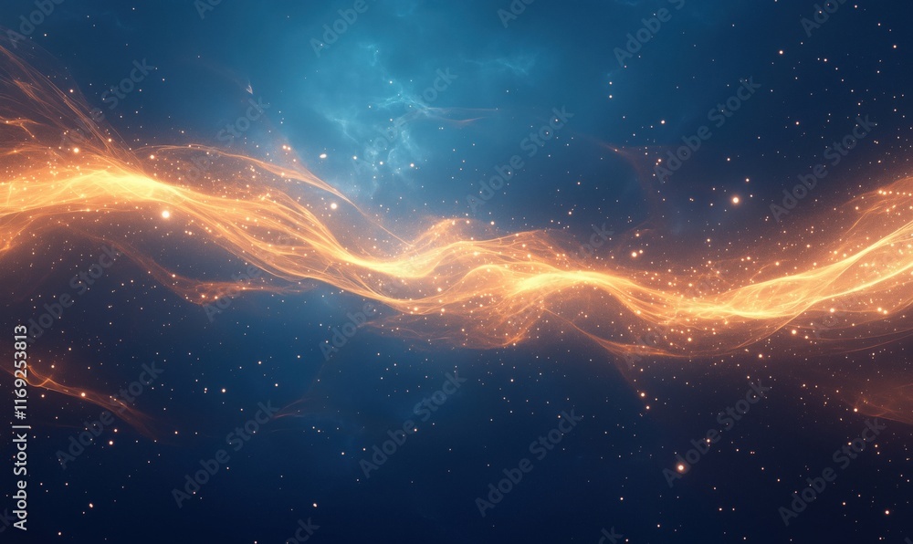 Poster cosmic energy flow in deep space with glowing particles and nebulae