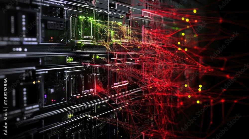Poster A server showing a complex network visualization, emphasizing enhanced connectivity and the role of data centers in modern network systems.