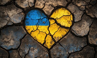 Ukrainian Flag Heart Symbol on Cracked Earth, Representing Resilience and Hope Amidst Adversity