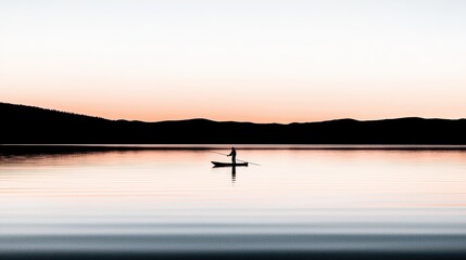 Serene Sunrise Reflection with Solo Canoeist on Calm Lake Surrounded by Soft Mountains and Gentle Hues