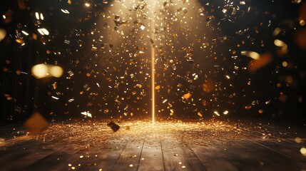Golden confetti rain on festive stage with light beam in the middle, empty room at night mockup