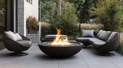 A fire pit at a luxurious outdoor patio with modern furniture around it