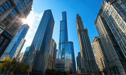 Obraz premium Modern skyscrapers in urban landscape showcasing architectural diversity and innovation, featuring tall glass buildings against clear blue sky