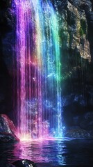 A stunning waterfall illuminated with vibrant rainbow colors cascading into a serene pool.
