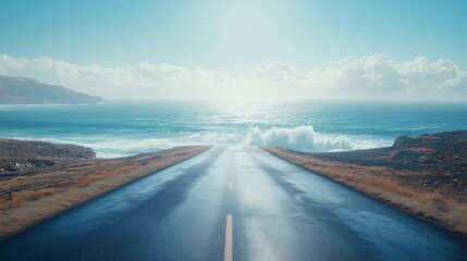 Fototapeta premium Serene Coastal Road with Ocean View Under Bright Blue Sky