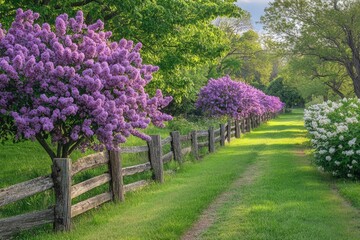 Obraz premium Blooming lilac bushes line green grass path in peaceful garden