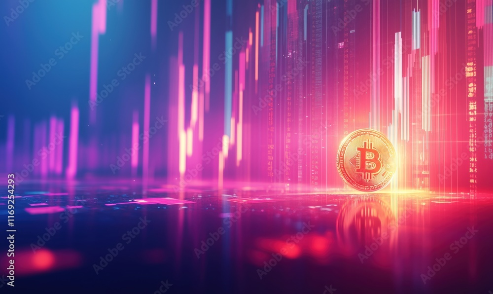 Poster bitcoin cryptocurrency symbol illuminated against vibrant digital trading background with colorful d