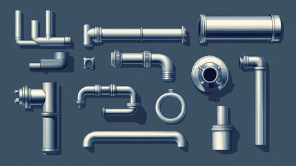 A set of different metal pipes shown in an industrial illustration, emphasizing versatility in design and function for manufacturing or construction.