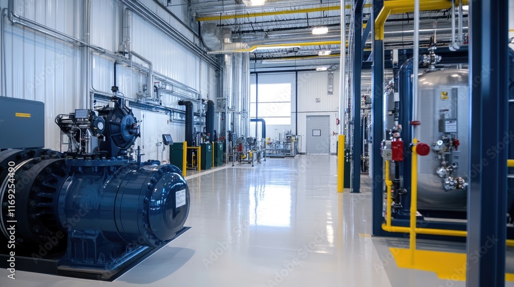 Poster A shot of a pipeline compressor station with large pipes and gas processing systems, emphasizing the technological advancements in energy distribution.