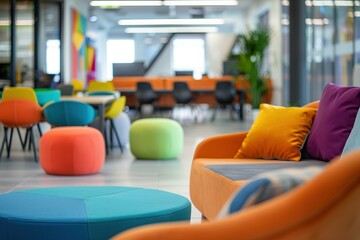 Modern office lounge with colorful seating and vibrant decor.