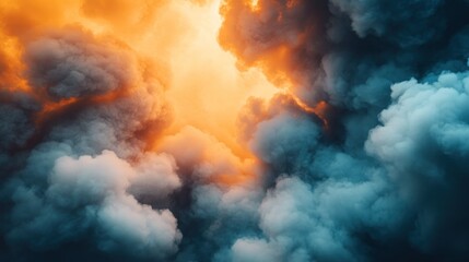 A dramatic sky filled with swirling clouds illuminated by warm light.