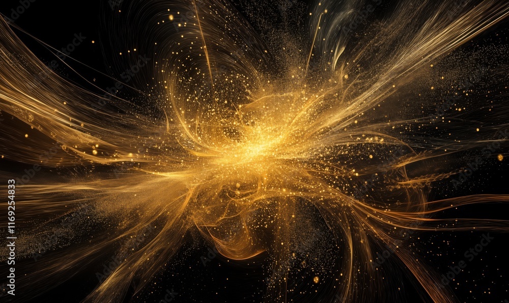 Poster golden abstract explosion of light and energy with swirling particles and dynamic movement
