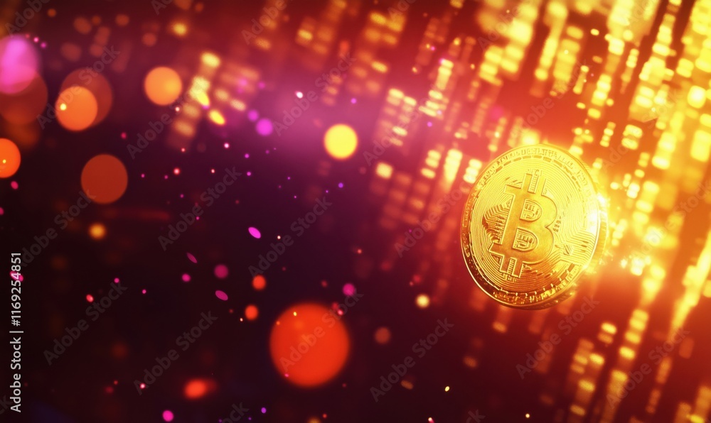 Poster bitcoin cryptocurrency floating amidst vibrant digital background with glowing particles and abstrac