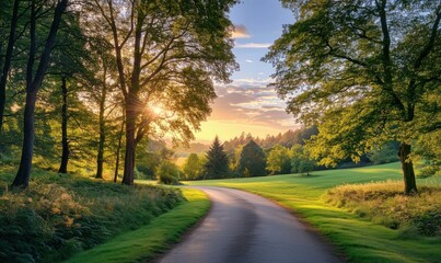 Fototapeta premium Scenic sunset view along winding road through lush green forest and meadow, golden sunlight filtering through trees