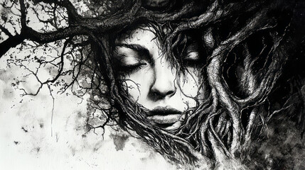Fototapeta premium Black-and-white surreal artwork of a serene woman’s face interwoven with tree roots and branches, symbolizing unity with nature. AI generative.