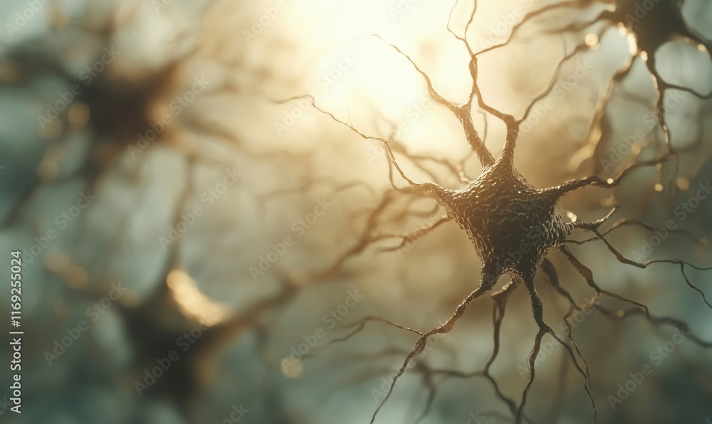 Poster neurons in intricate detail showcasing complex structures and connections, illuminated by soft light