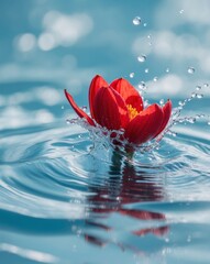 Beautiful Red Flower Splashing in Clear Blue Water Surface