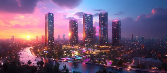 Obraz premium Stunning sunset cityscape with modern skyscrapers and waterfront.