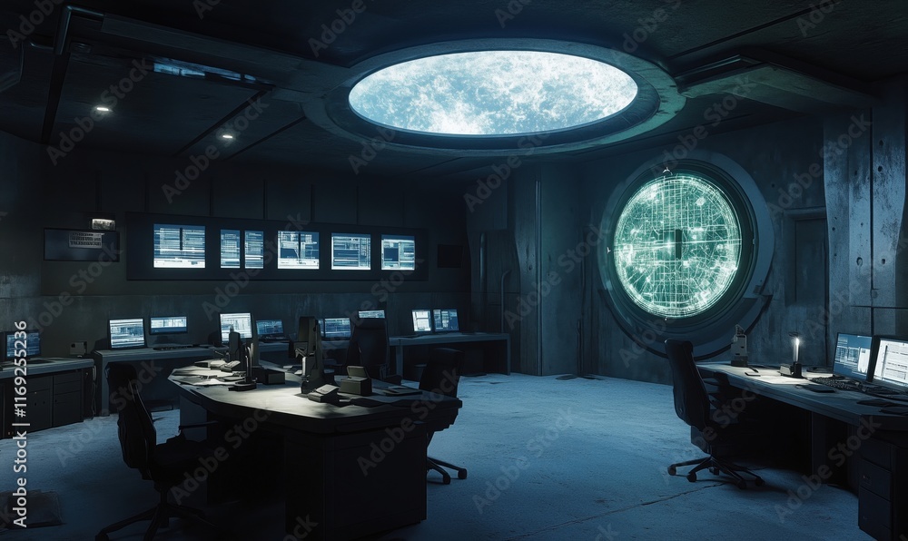 Poster futuristic control room with advanced technology, large circular window displaying celestial map, il
