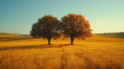 Fototapeta premium Golden autumn landscape with two trees in open field at sunset