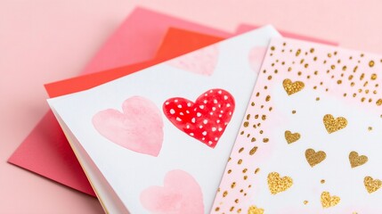 many Valentines cards stacked in a pile top view, cards have watercolor and modern prints with hearts
