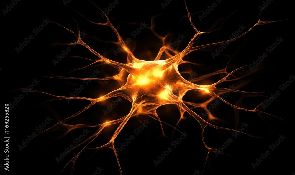 Poster neural network cell structure illuminated with fiery orange glow, intricate dendrites and axon conne