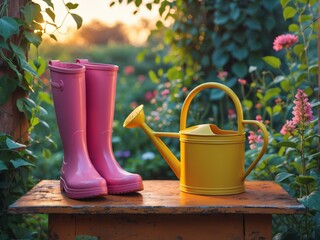 Bright pink rubber boots and a yellow watering can resting on a wooden table in a lush garden during the golden.