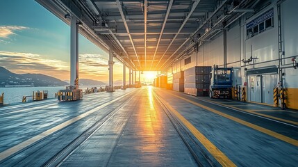 Serene Port at Sunset with Containers and Reflected Light