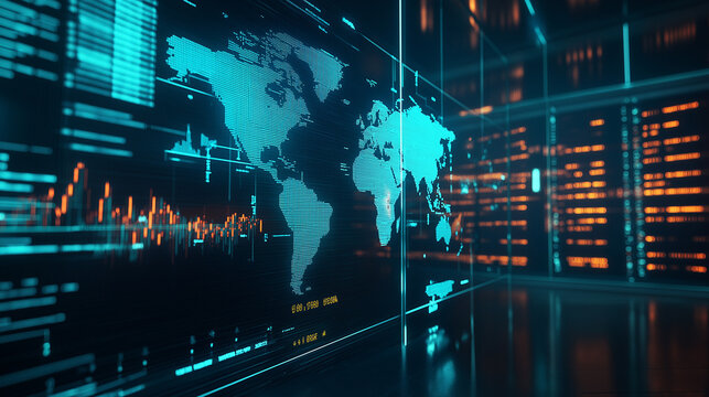 Global data center with illuminated digital world map