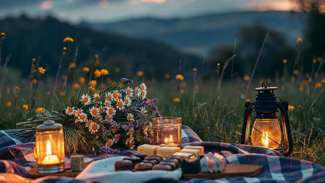 This cozy picnic showcases beautiful bouquets and glowing lanterns, set against a serene landscape.