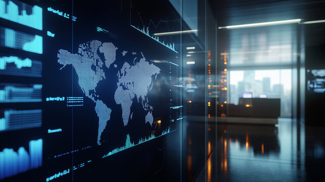 Global data center with illuminated digital world map - Powered by Adobe