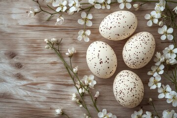 Obraz premium Easter eggs with spring flowers decoration lying on rustic wooden table