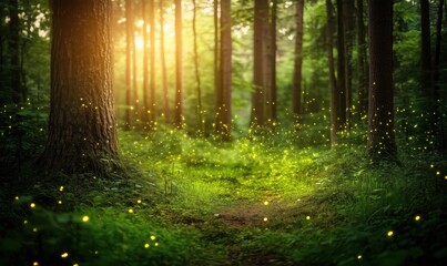 Obraz premium Enchanting forest scene illuminated by fireflies, sunlight filtering through trees, lush greenery, serene pathway, magical atmosphere