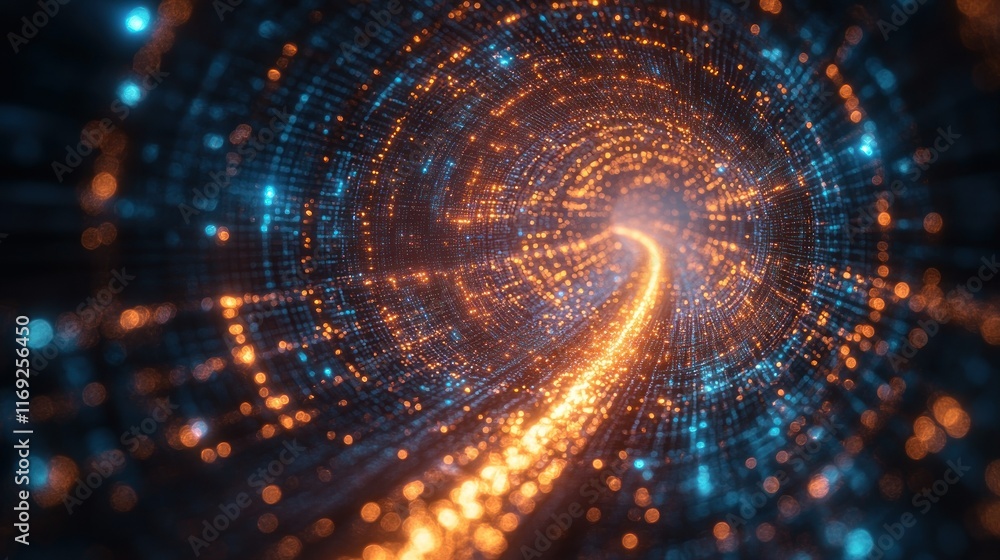 Poster abstract digital tunnel with glowing particles.