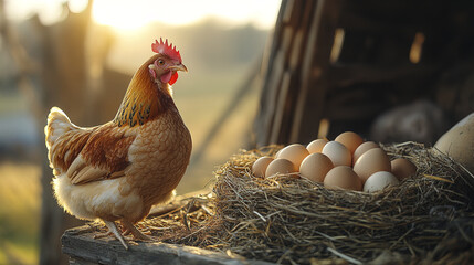 hen standing beside nest filled with eggs in rustic barn